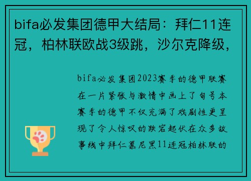 bifa必发集团德甲大结局：拜仁11连冠，柏林联欧战3级跳，沙尔克降级，16球传奇时刻